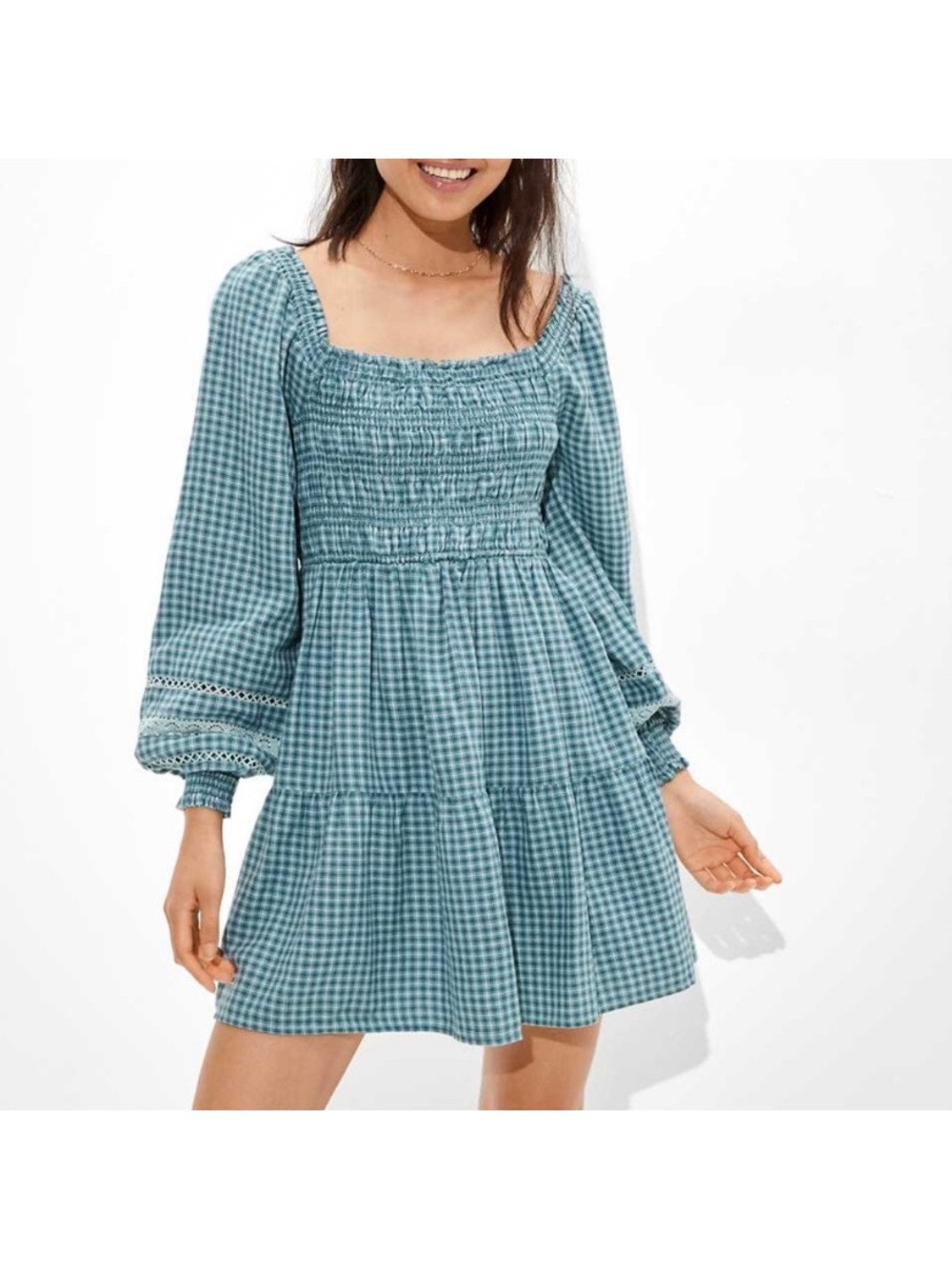 American Eagle Gingham Smocked Long-Sleeve Mini Dress